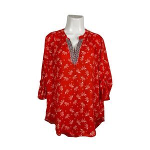 Society Girl Large Red Elephant Print 3/4 Sleeve Tunic Boho Embroidered Blouse